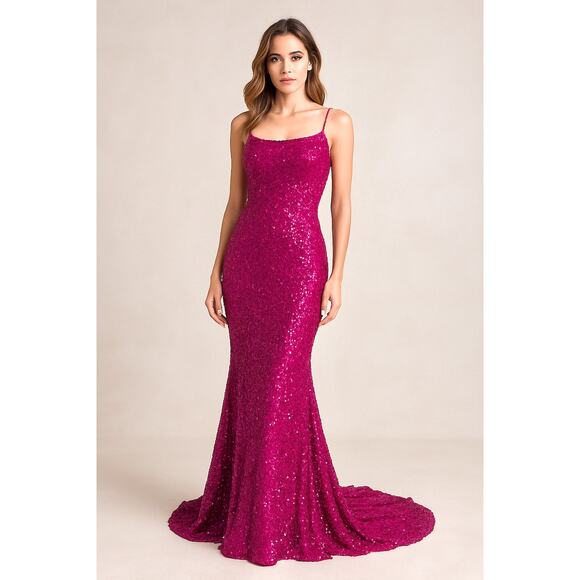 Fuchsia Sequin Mermaid XL Gown Lace Up Back Formal Prom Evening Dress - Picture 1 of 7